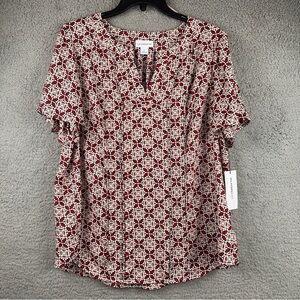 Liz Claiborne Top Womens Large Pink Geometric Pattern V-Neck Pleated Blouse NWT